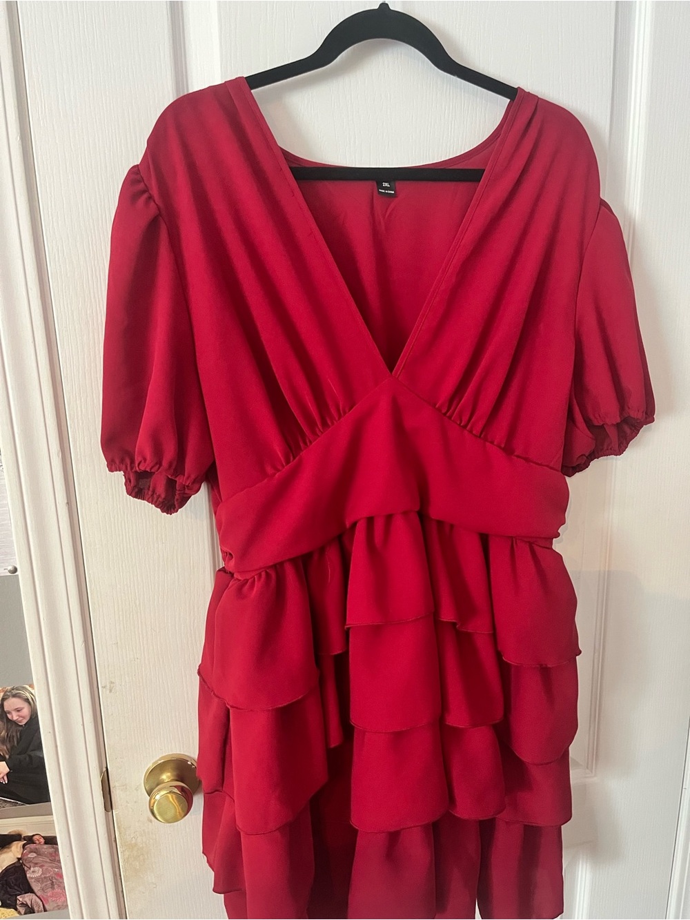 Red Tiered Ruffle V-Neck Women's Dress